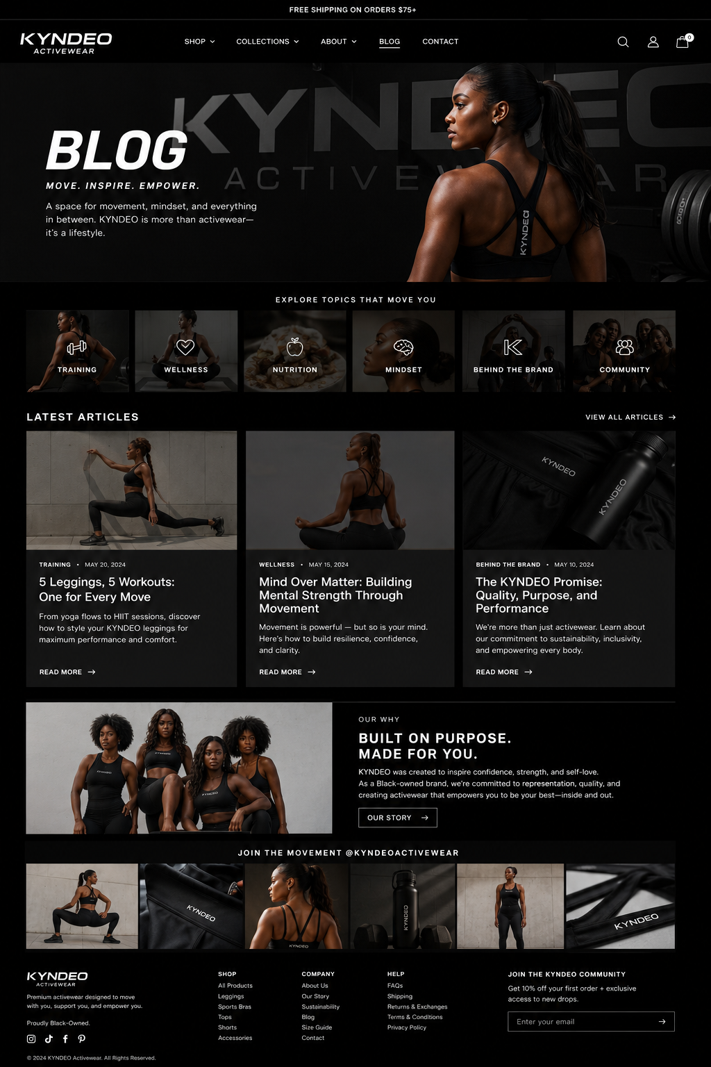 A Black woman in premium KYNDEO activewear — structured sports bra and high-waisted leggings — standing with quiet confidence in a clean, minimal space. Movement-first design, styled for life.
